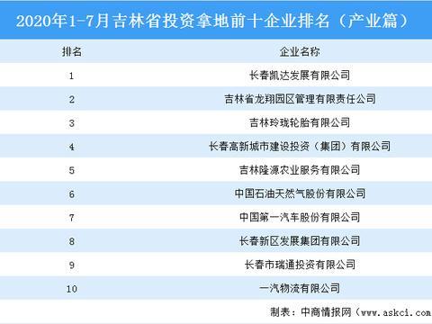 2020年1-7月吉林省投资拿地前十企业排行榜